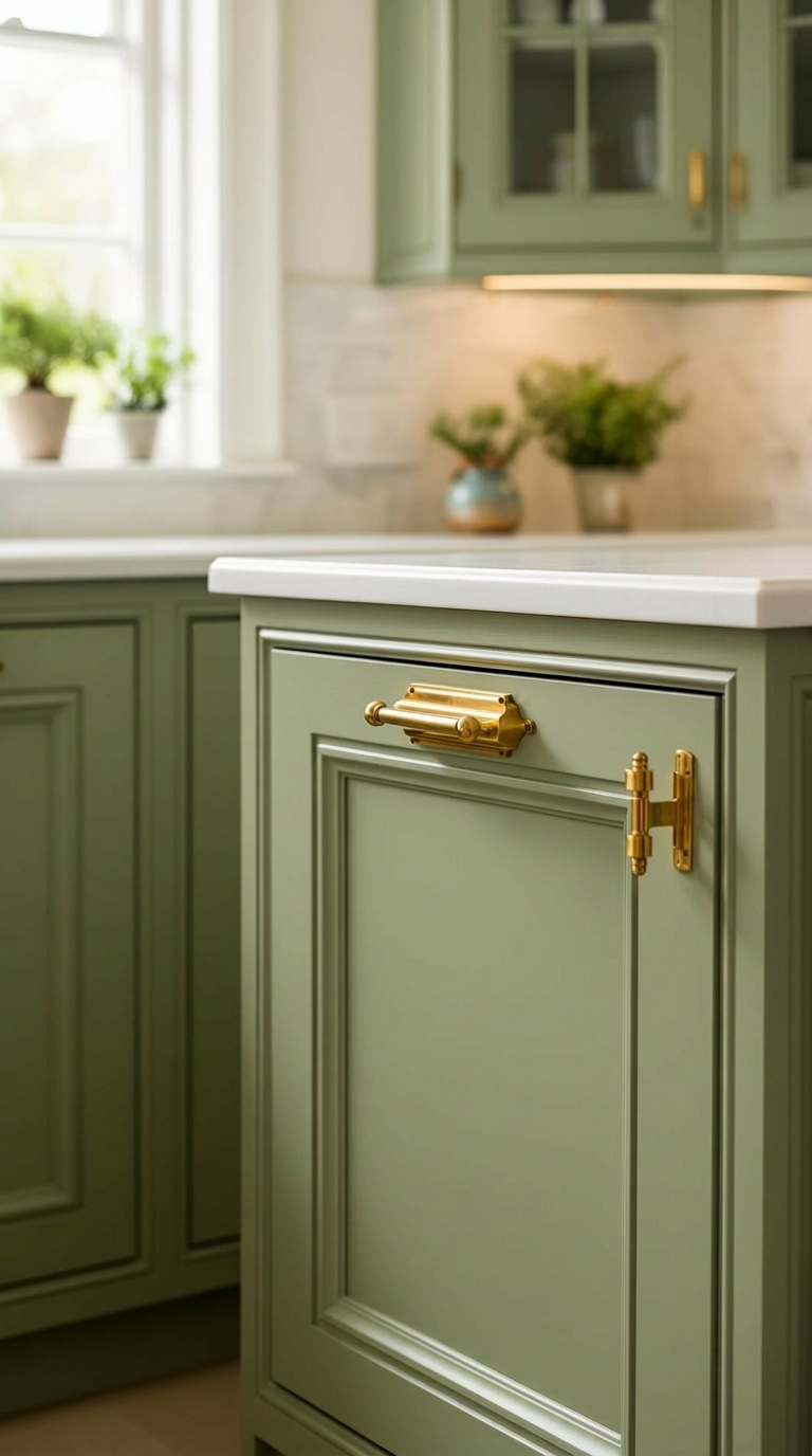 Hand-finished sage green cabinetry