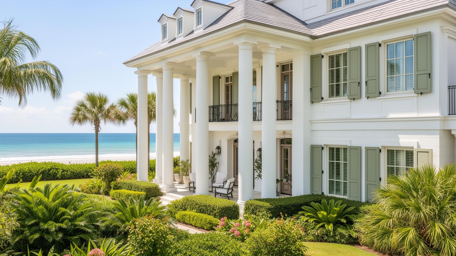 Oceanfront coastal estate with sage shutters