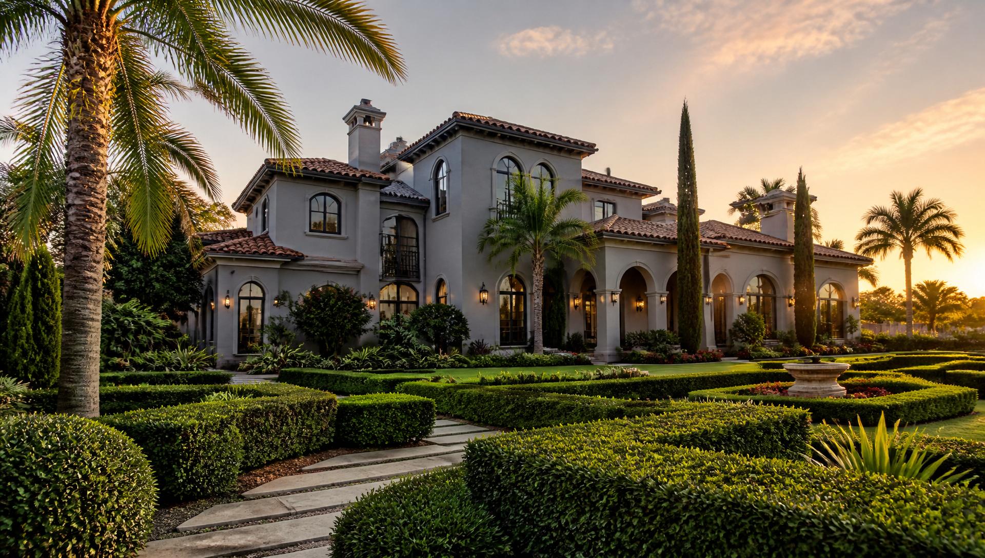 Mediterranean estate exterior painted in elegant gray