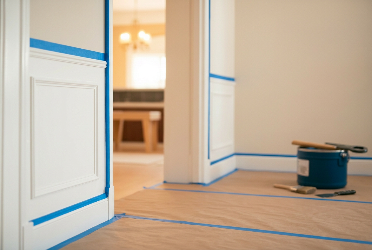 Painter masking baseboards and floors before a finish coat